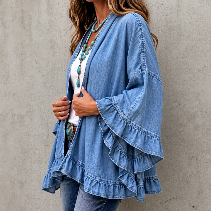 Ruffledenim – Kofta z finish falbaną w stilu dżinsowym, otwarty framtill