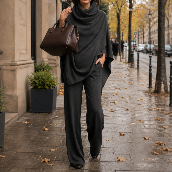 Draperie – Blus z kapturem i breda spodniami