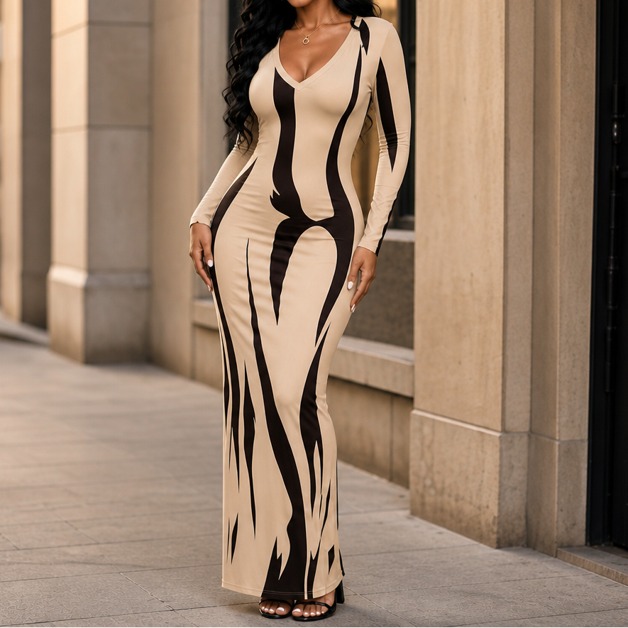 Vivelyn – Drukowana Klänning Maxi Bodycon med lång ärm