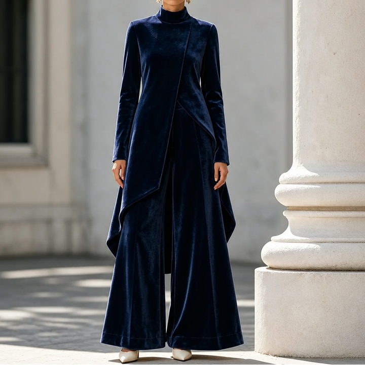 Draperie – Asymetryczny Set Welurowy z Górą i Spodniami