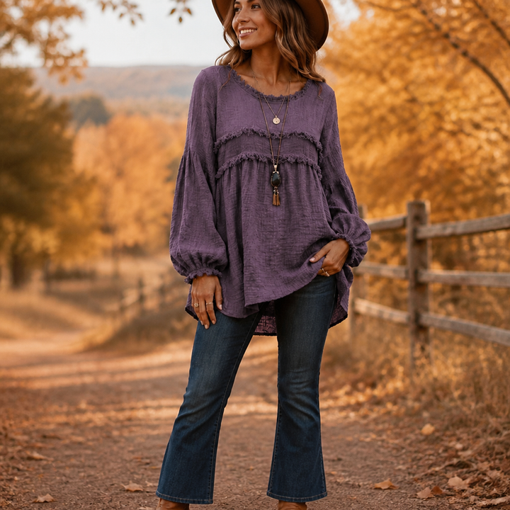 Wovella – Blus Boho z Falbanką i Plisowanymi RęKaffemi