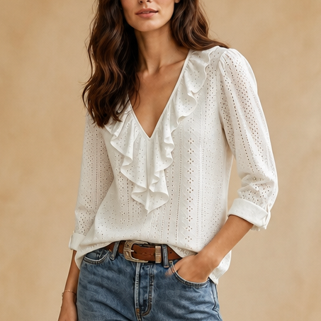 Wearbella – Blus z falbanami i urringning w v-ringning, lång ärm