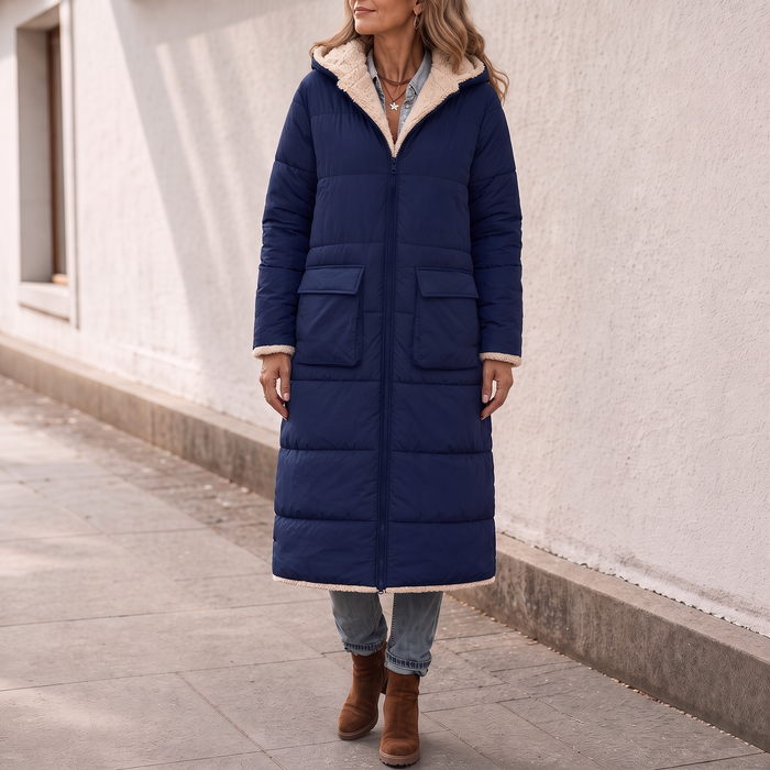 Veluna – Odwratumny, quiltad vinter kappa w stilu sherpa