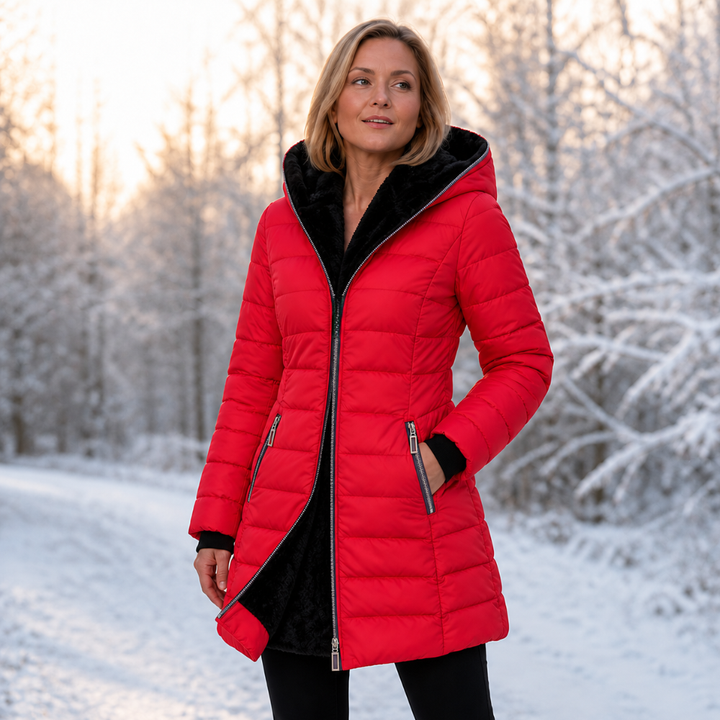 Veluna – Vinter kappa z kapturem o średniej längd, wyłożony pluszem