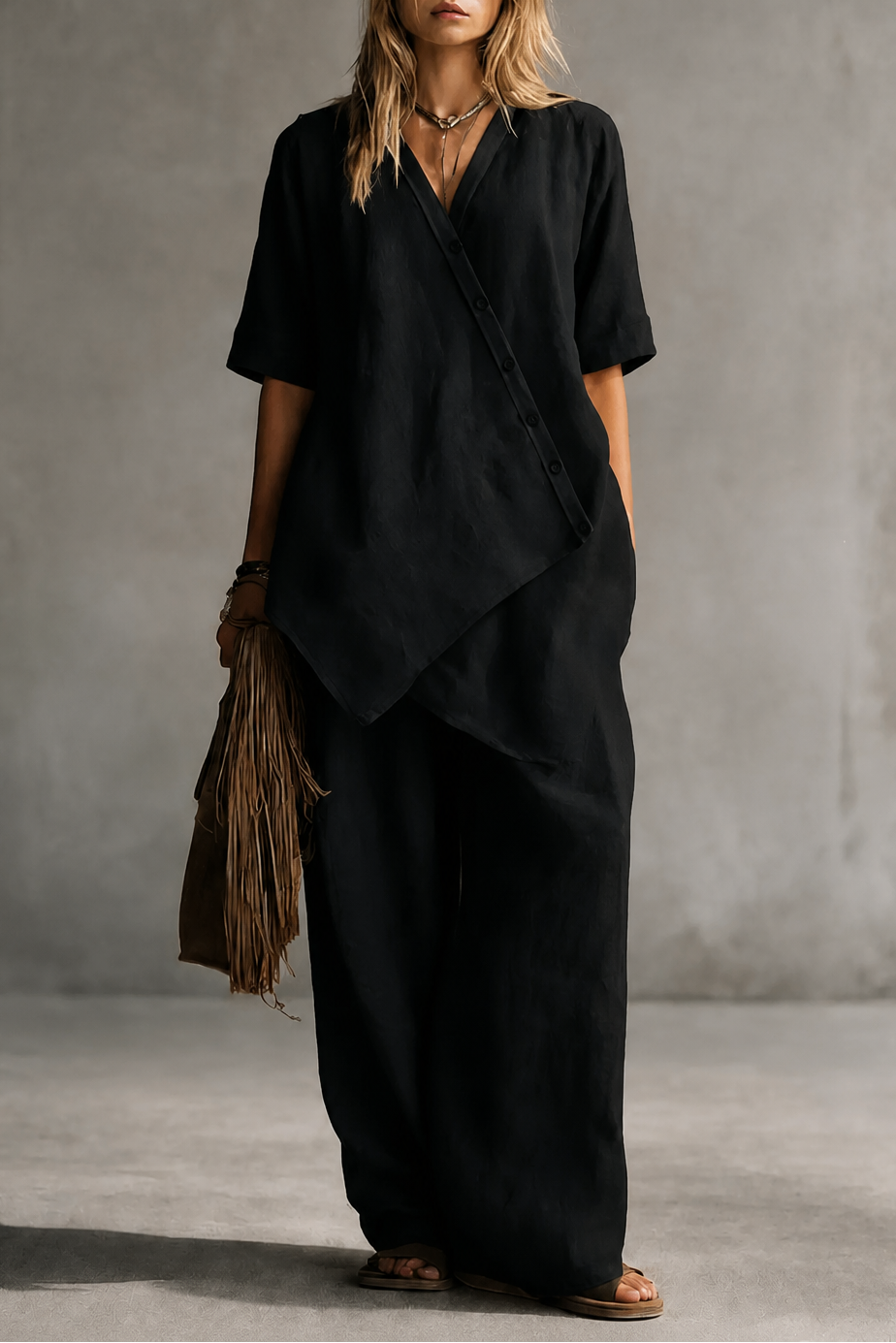 Wearbella – Set z Lnianą Bluzką i Spodniami o Szerokich Nogawkach