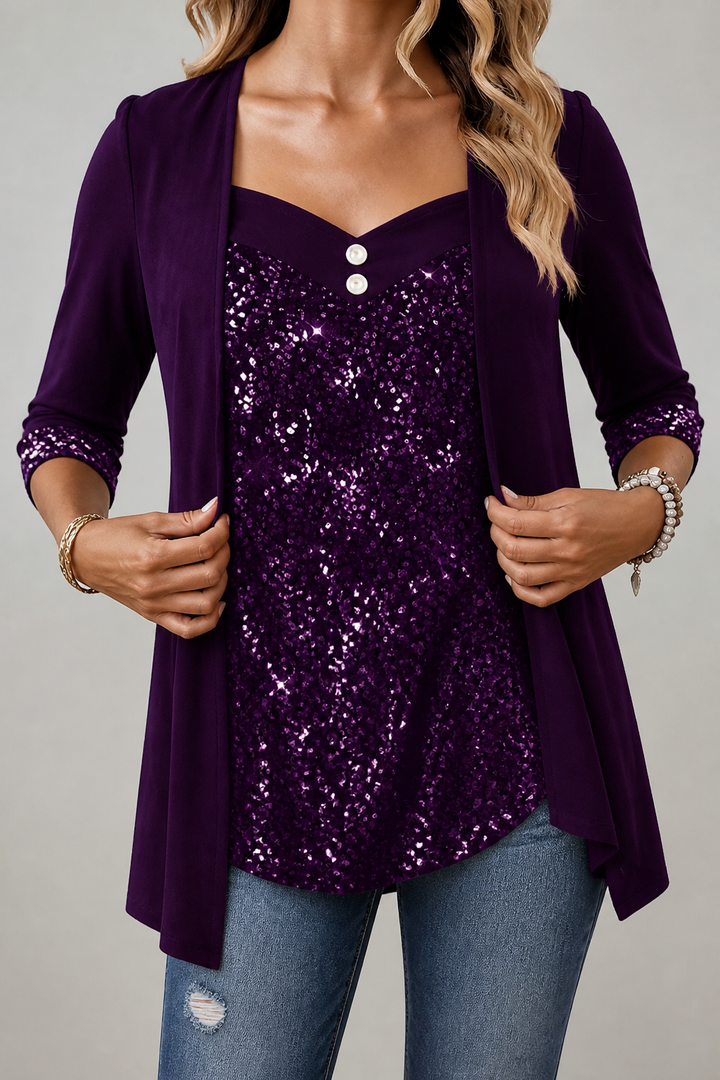 Veluxe Duo – Wieczorowy top z cekinowym przodem w stilu mock-layer