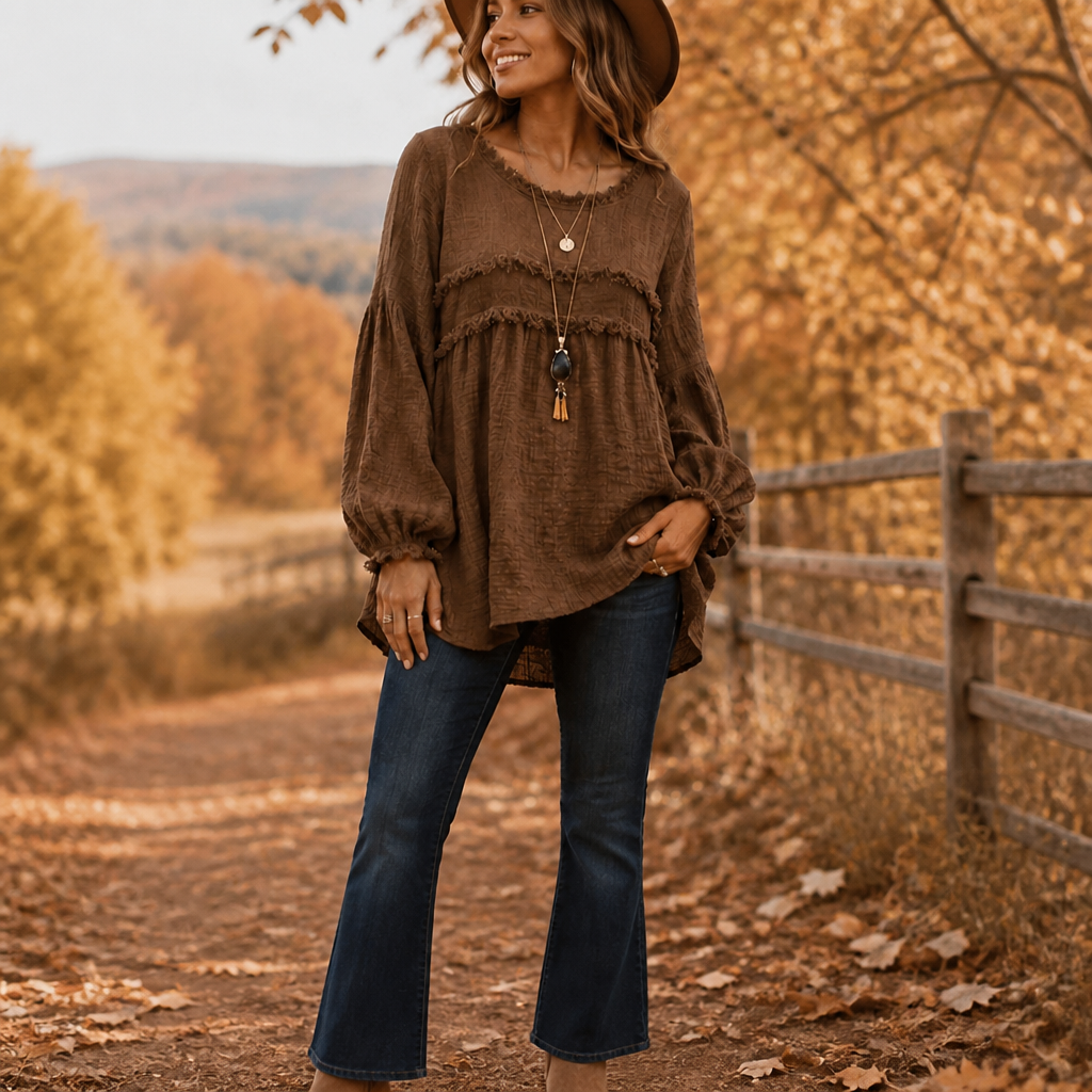 Wovella – Blus Boho z Falbanką i Plisowanymi RęKaffemi