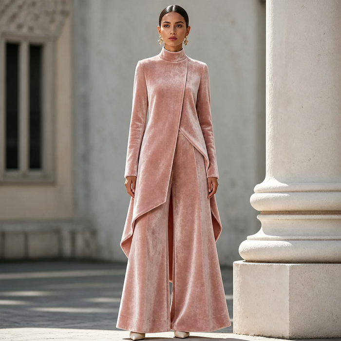 Draperie – Asymetryczny Set Welurowy z Górą i Spodniami