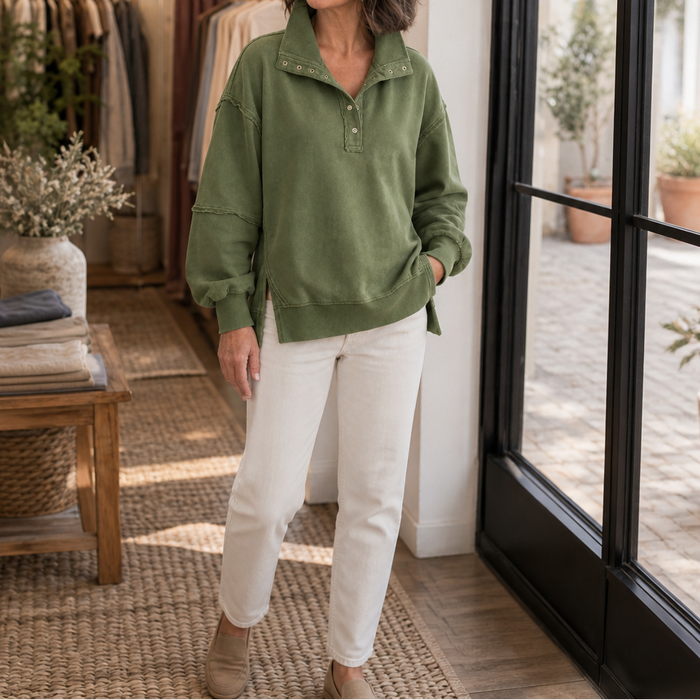 Draperie – Koszulka Henley z Suwakiem i Surowymi Krawędziami
