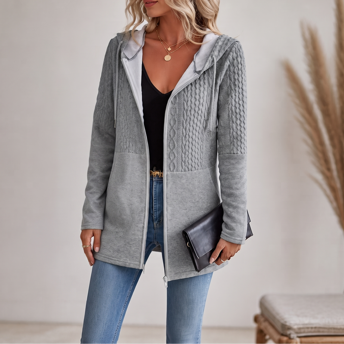 Wearbella – Lång kofta z dzianiny w splot kabelkowy med dragkedja