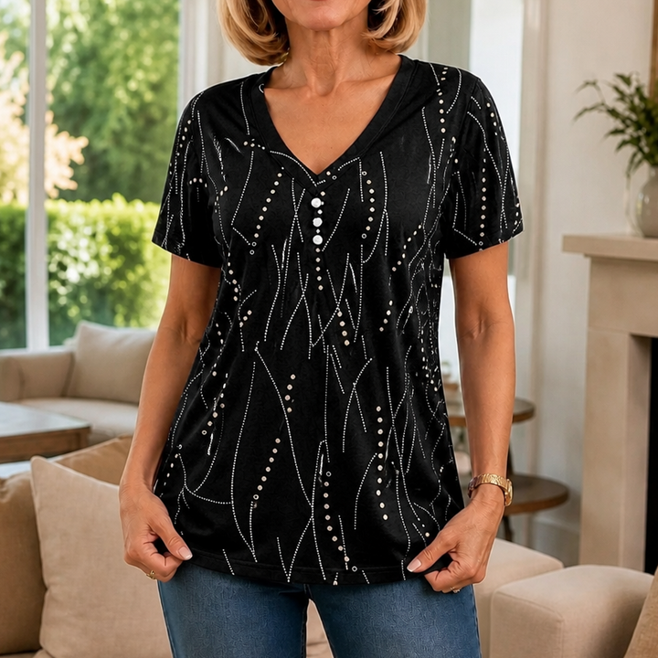 Vivelyn – Blus V-Neck z Wymiarowym Printem