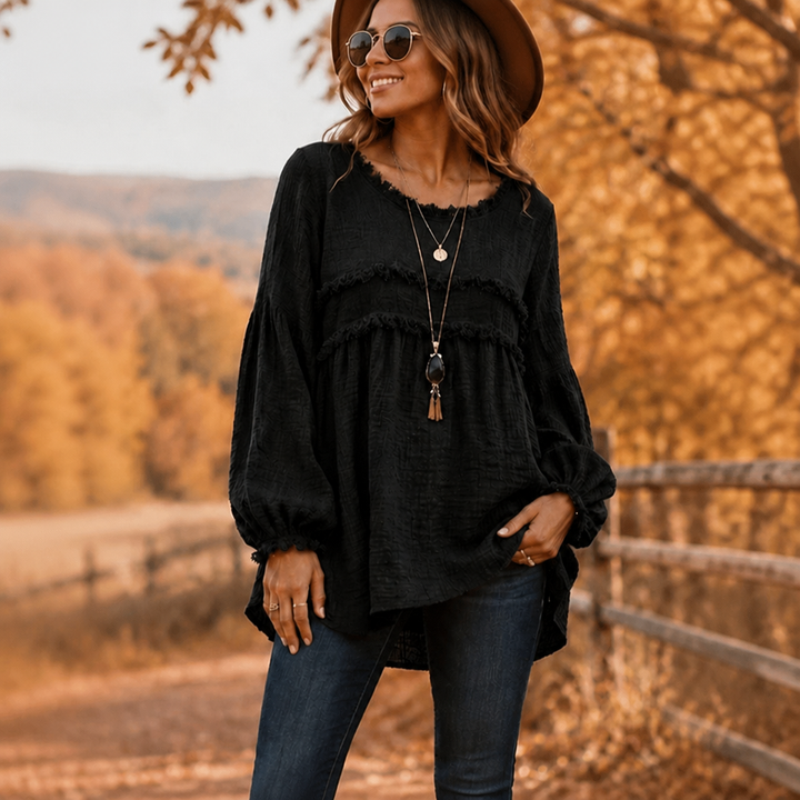 Wovella – Blus Boho z Falbanką i Plisowanymi RęKaffemi