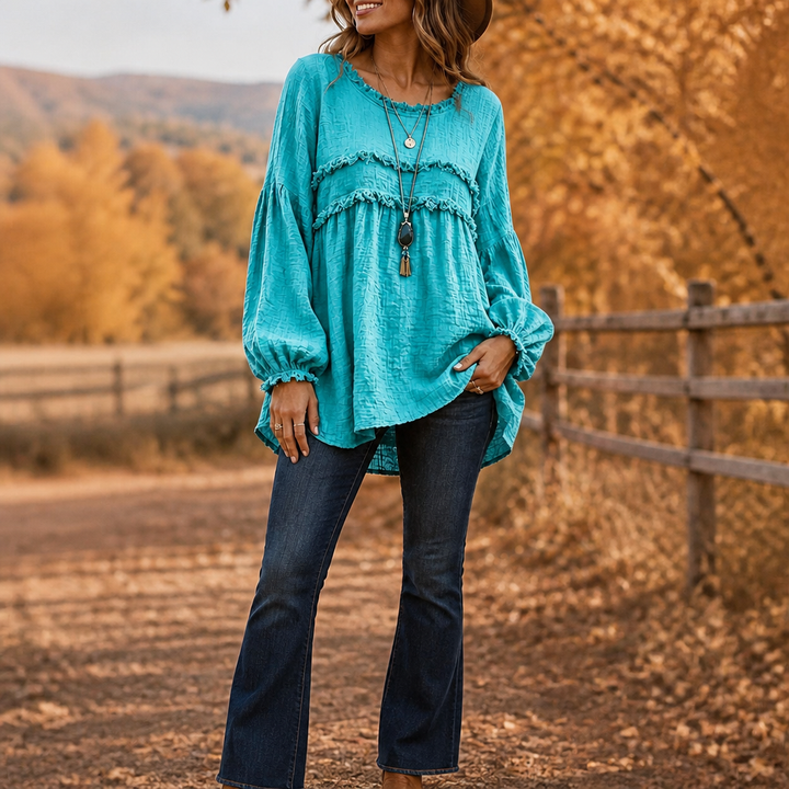 Wovella – Blus Boho z Falbanką i Plisowanymi RęKaffemi