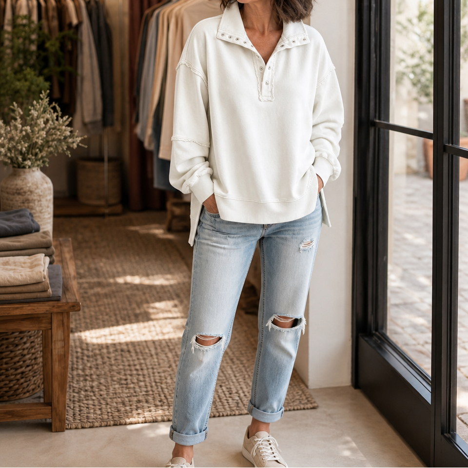 Draperie – Koszulka Henley z Suwakiem i Surowymi Krawędziami