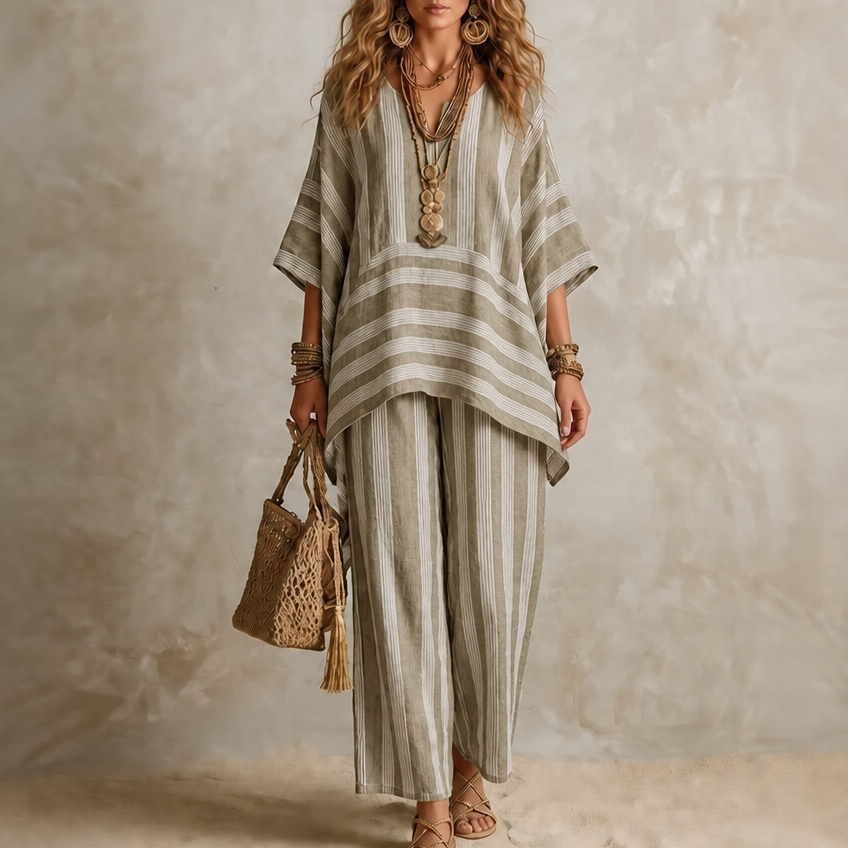 Ease &amp; Stripe – Tunika w band z urringning w v-ringning i set byxor