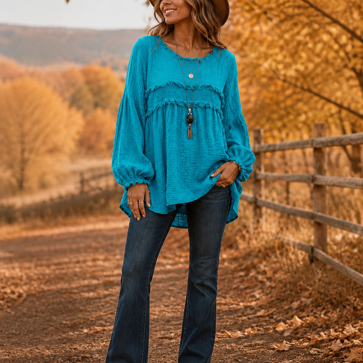 Wovella – Blus Boho z Falbanką i Plisowanymi RęKaffemi