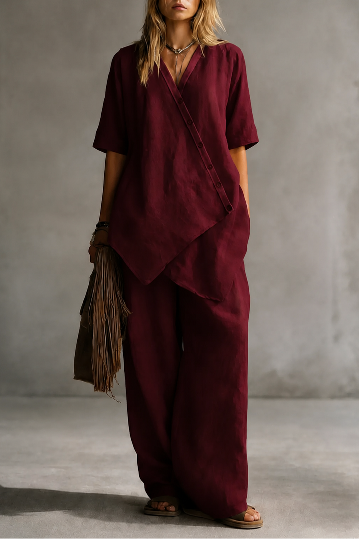Wearbella – Set z Lnianą Bluzką i Spodniami o Szerokich Nogawkach