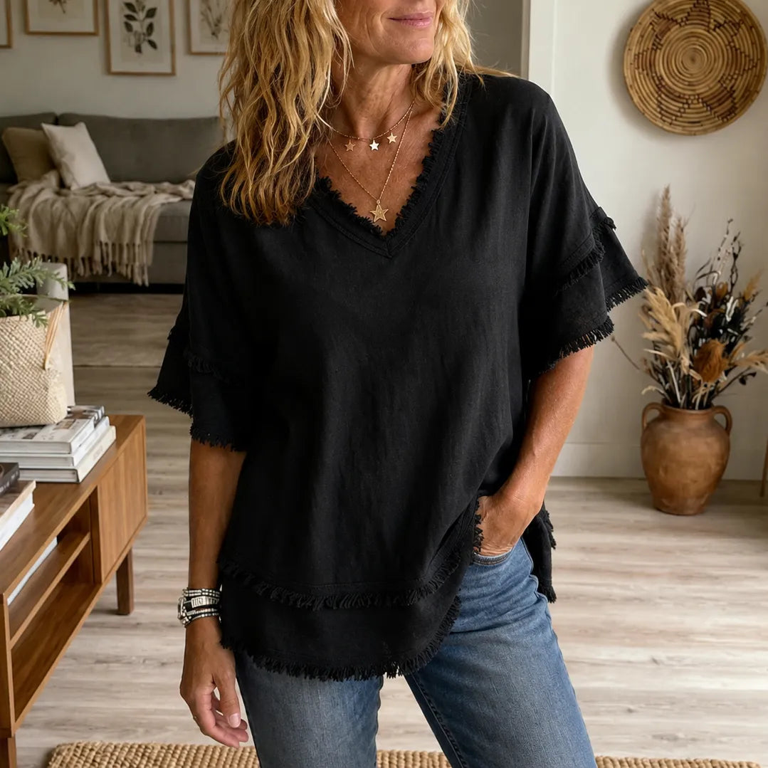 Lorelei – Boho T-shirt z frędzlami w dekolcie V för kvinnor, lös passform maskujący mage
