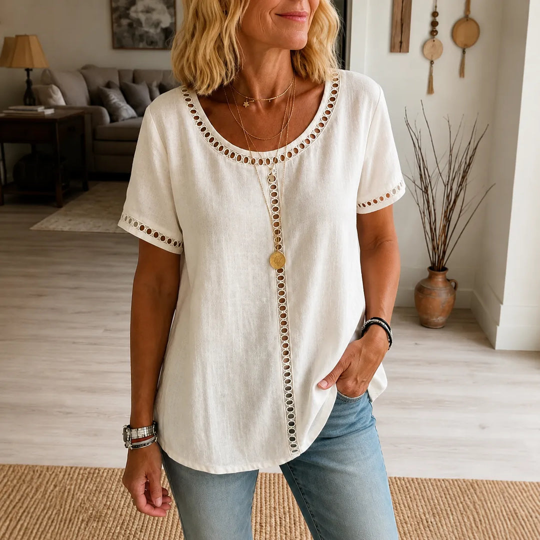 Marellia – Boho Tunika z Otworami för kvinnor, Lös Passform, Kort Ärm, Sommar Blus