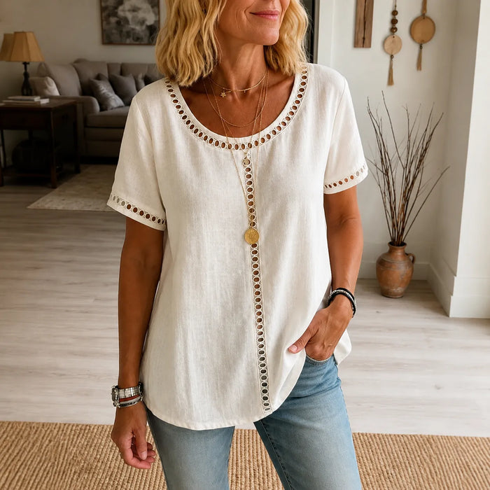 Marellia – Boho Tunika z Otworami för kvinnor, Lös Passform, Kort Ärm, Sommar Blus