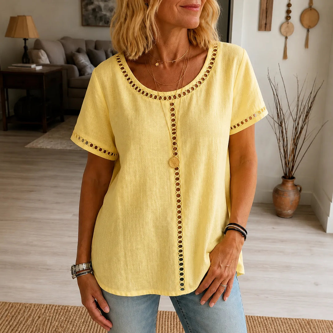 Marellia – Boho Tunika z Otworami för kvinnor, Lös Passform, Kort Ärm, Sommar Blus