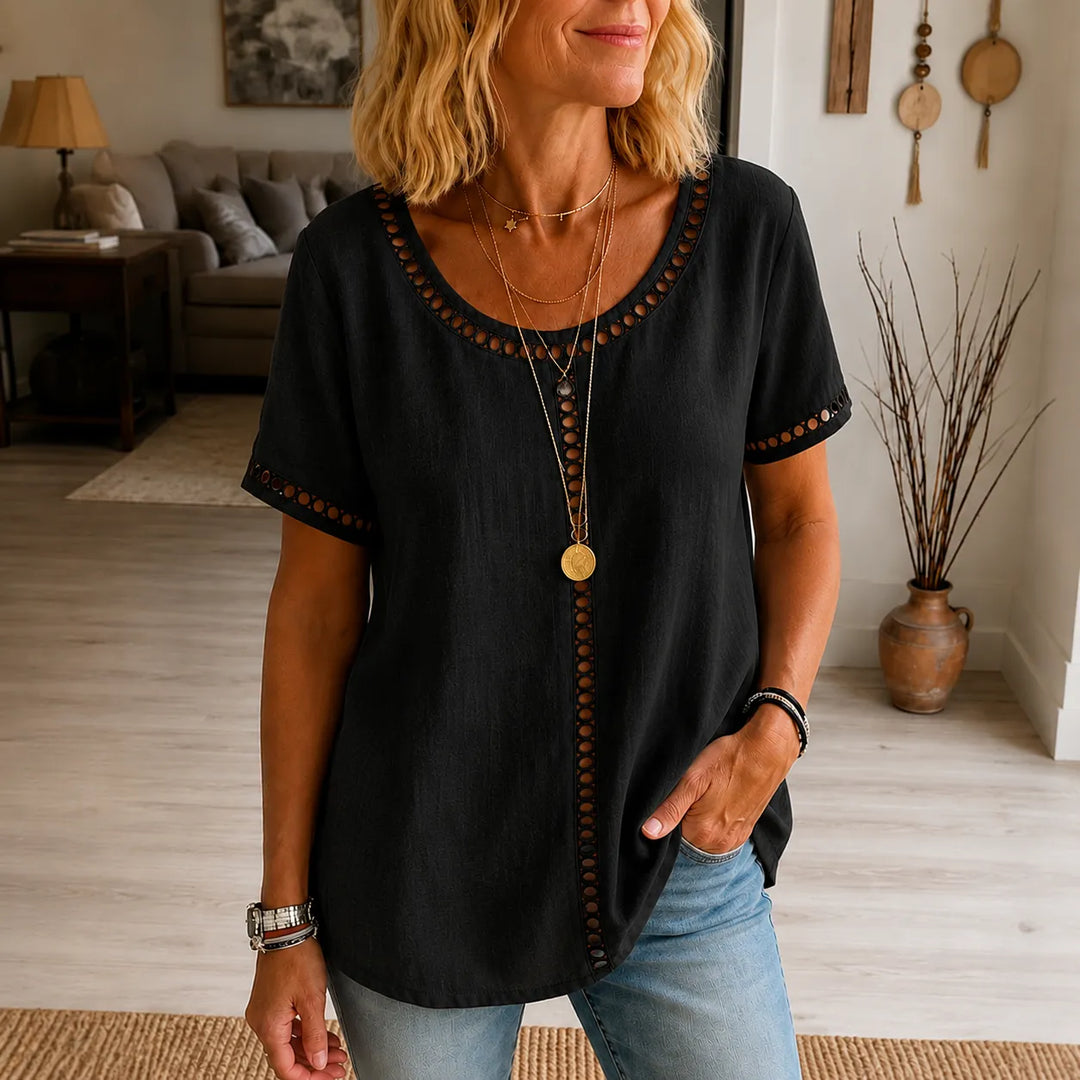 Marellia – Boho Tunika z Otworami för kvinnor, Lös Passform, Kort Ärm, Sommar Blus