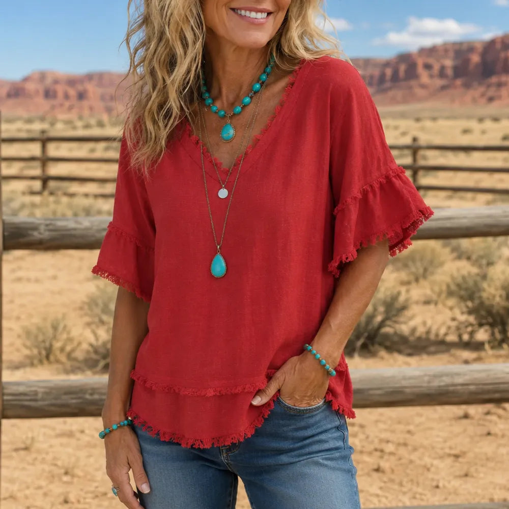 Lorelei – Boho T-shirt z frędzlami w dekolcie V för kvinnor, lös passform maskujący mage