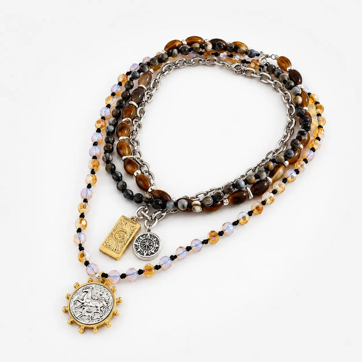 Solenya – Wiktoriańska Boho Halsband Warstwowy z Wisiorami Tarota, Kompasu i Monety