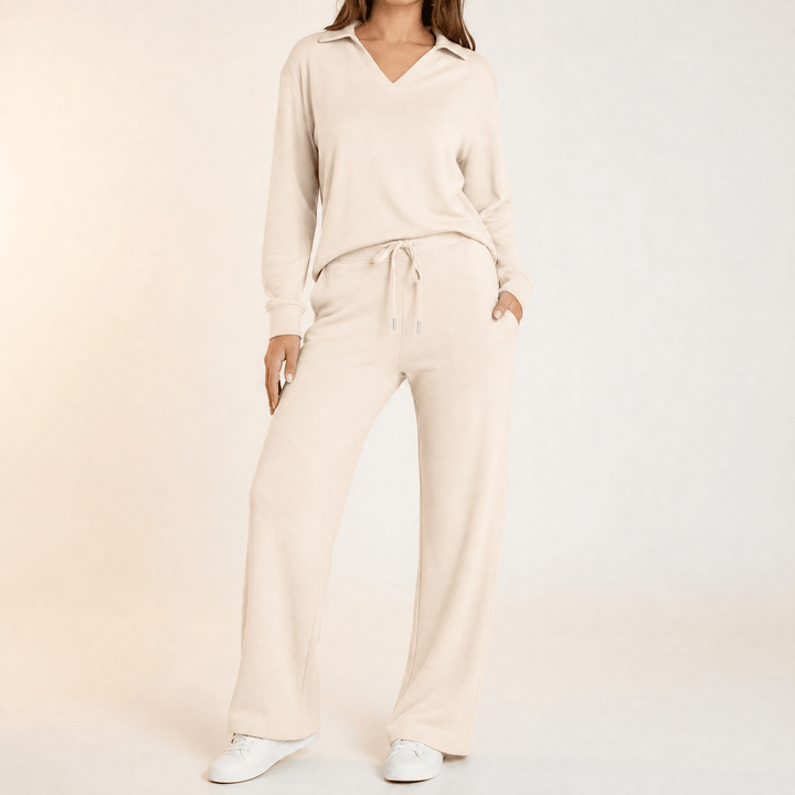 Velaire – Blus z urringning w v-ringning i breda byxor