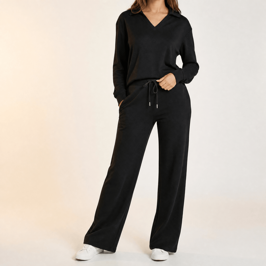 Velaire – Blus z urringning w v-ringning i breda byxor