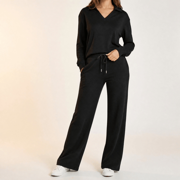 Velaire – Blus z urringning w v-ringning i breda byxor