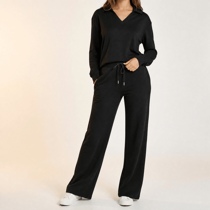 Velaire – Blus z urringning w v-ringning i breda byxor