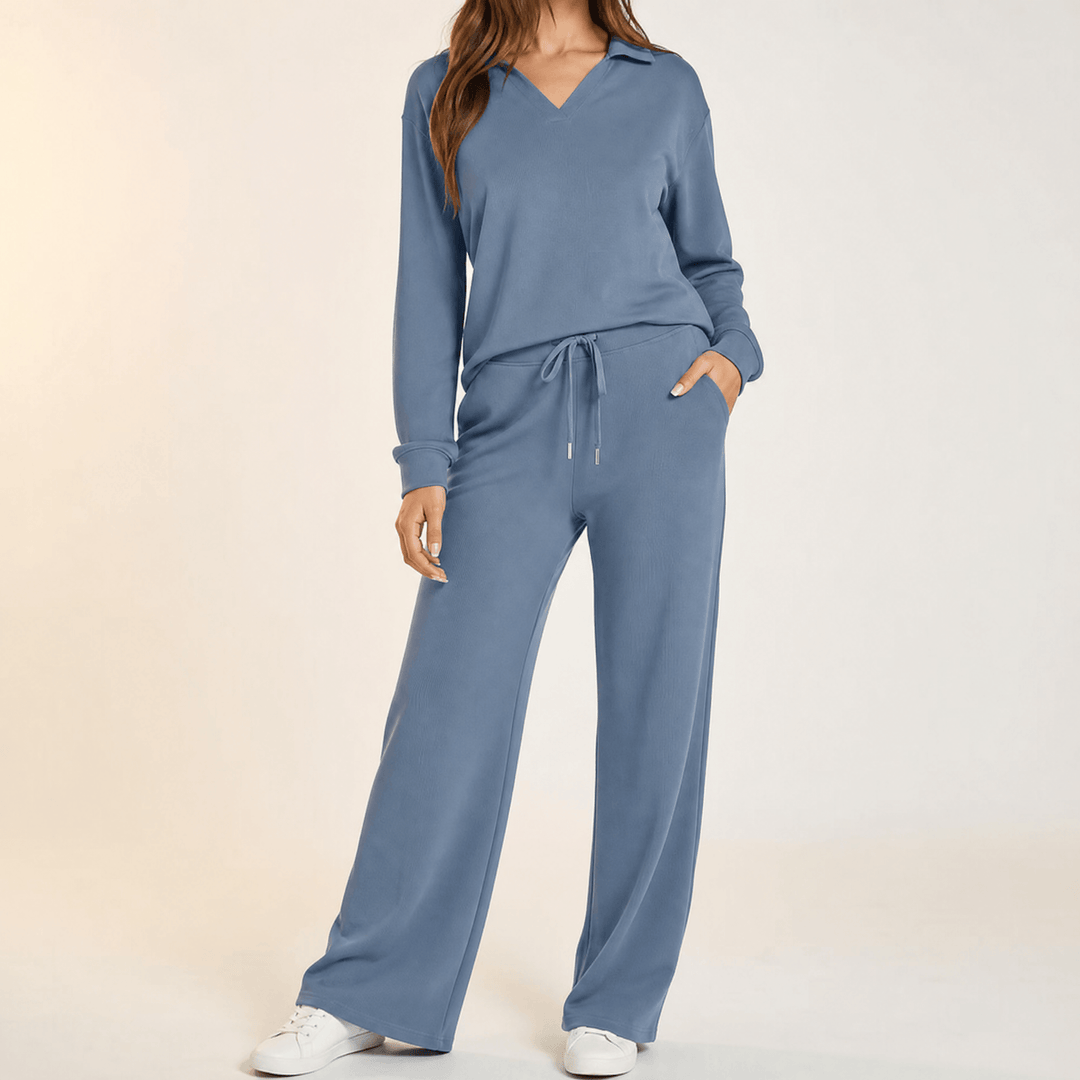 Velaire – Blus z urringning w v-ringning i breda byxor