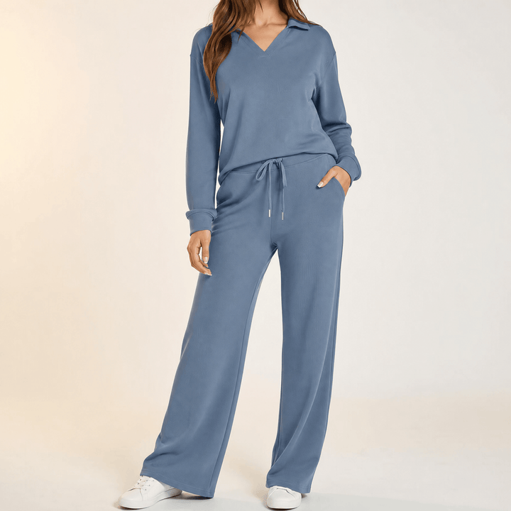Velaire – Blus z urringning w v-ringning i breda byxor