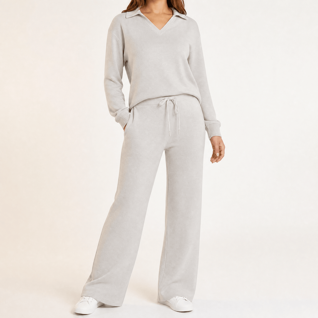 Velaire – Blus z urringning w v-ringning i breda byxor