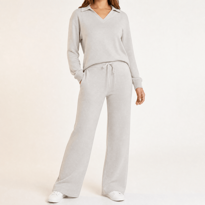Velaire – Blus z urringning w v-ringning i breda byxor