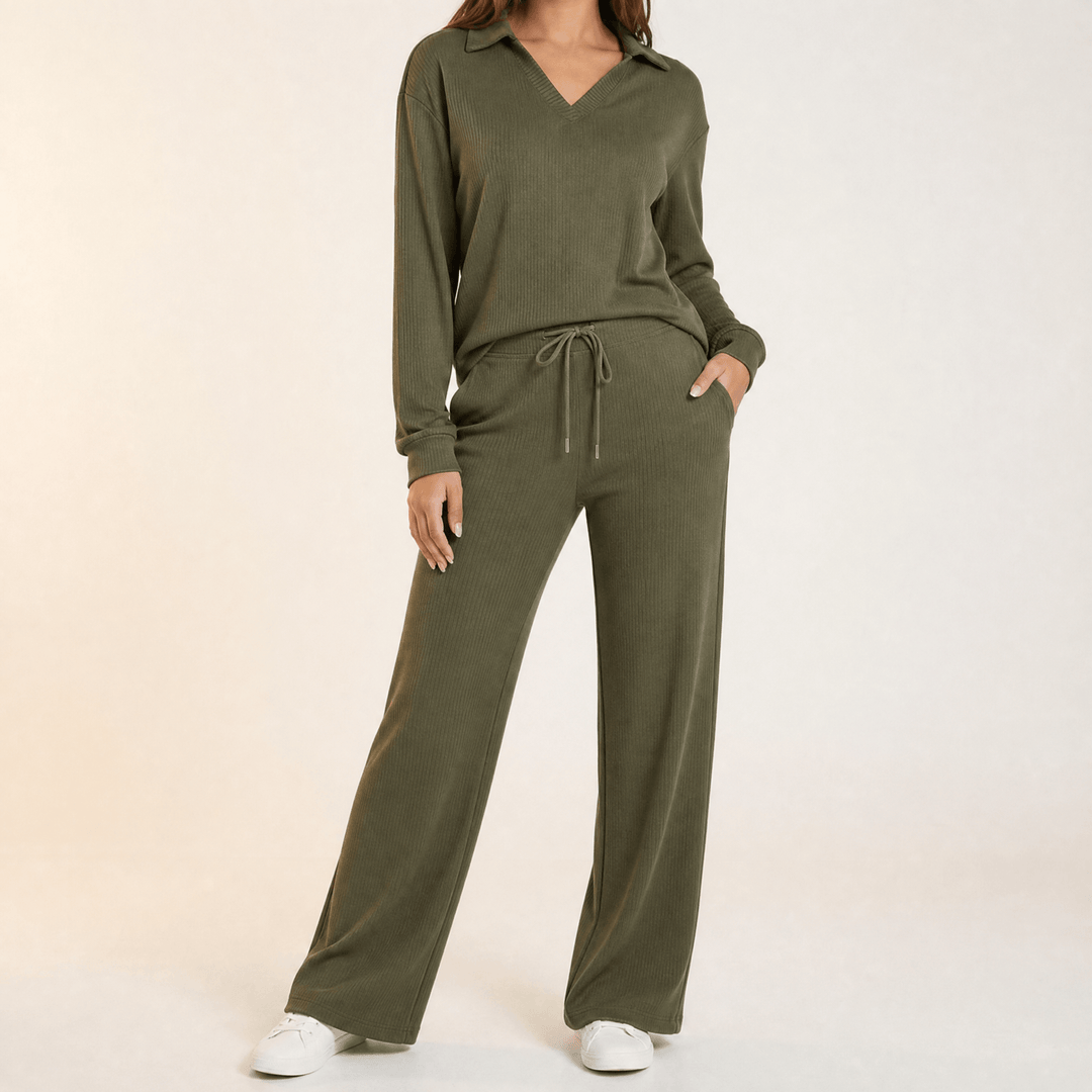 Velaire – Blus z urringning w v-ringning i breda byxor