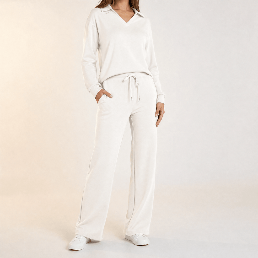 Velaire – Blus z urringning w v-ringning i breda byxor