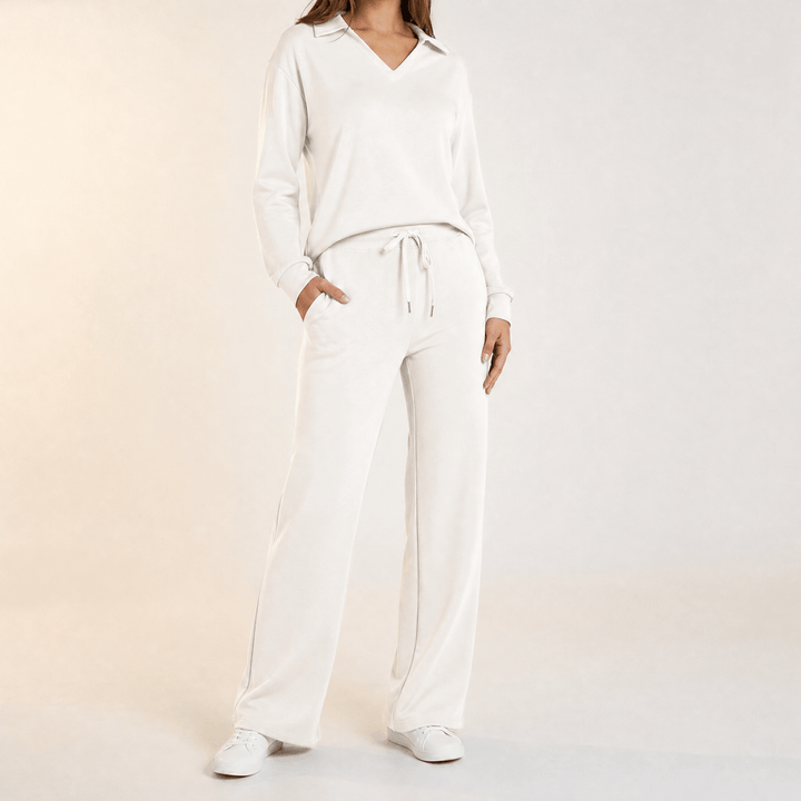 Velaire – Blus z urringning w v-ringning i breda byxor