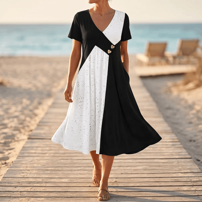 Vivara - Midi Klänning V-Neck w Diagonalnym Patchworku