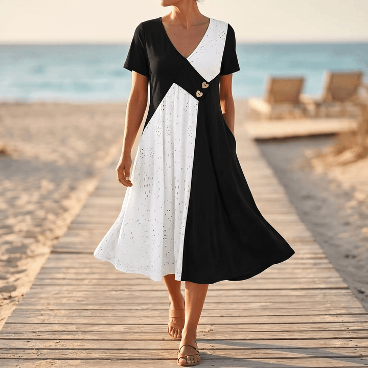 Vivara - Midi Klänning V-Neck w Diagonalnym Patchworku