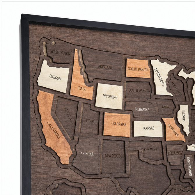 Wanderoak – Trä mapa resa USA z 3D Kaffełkami stanów