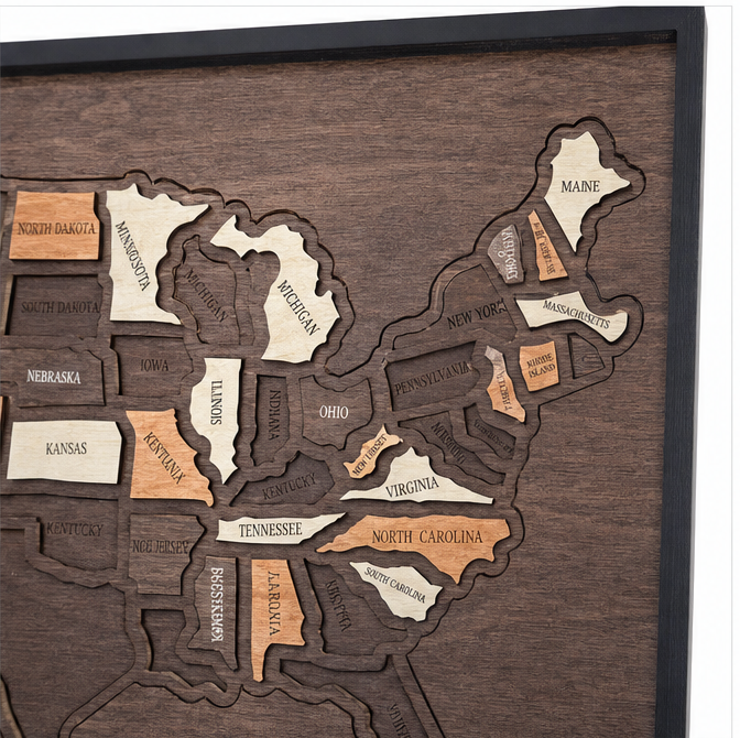 Wanderoak – Trä mapa resa USA z 3D Kaffełkami stanów
