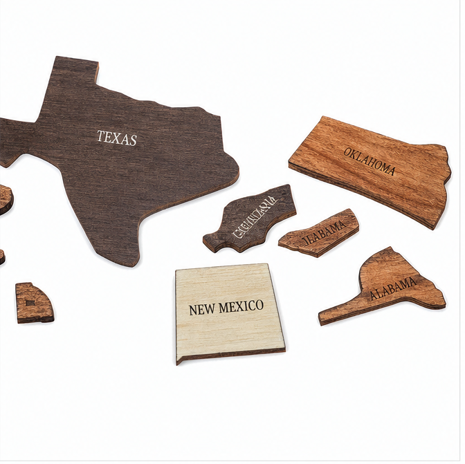 Wanderoak – Trä mapa resa USA z 3D Kaffełkami stanów